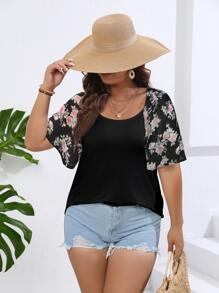 SHEIN LUNE Plus Floral Print Raglan Sleeve Top - Multicolor - View 3