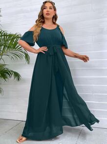 SHEIN Clasi Plus Cold Shoulder Belted Jumpsuit With Skirt - Dark Green - View 3