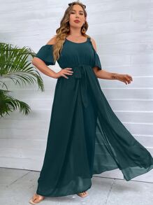 SHEIN Clasi Plus Cold Shoulder Belted Jumpsuit With Skirt - Dark Green - View 4