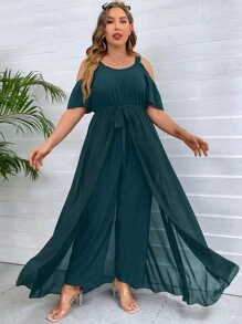 SHEIN Clasi Plus Cold Shoulder Belted Jumpsuit With Skirt - Dark Green - View 6