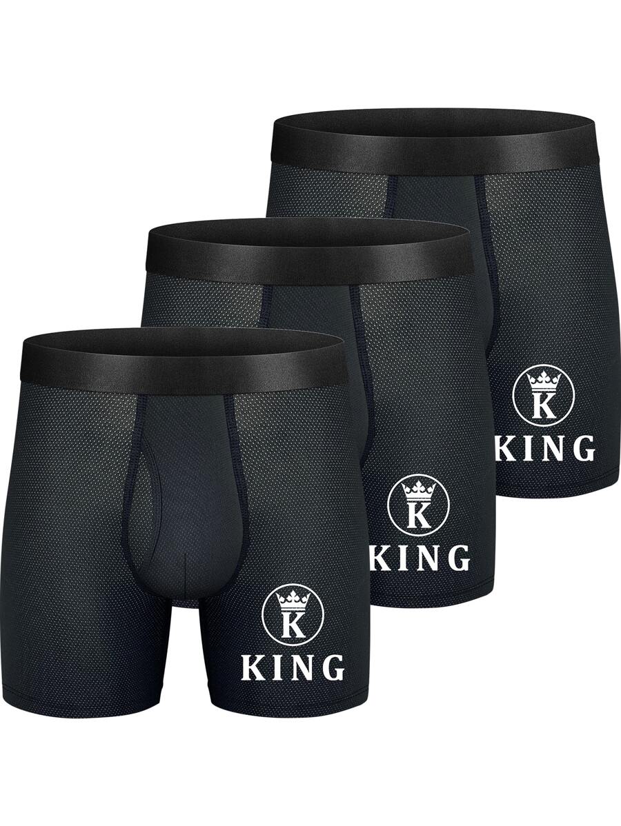Men 3pcs Letter Graphic Boxer Brief - Black - View 1