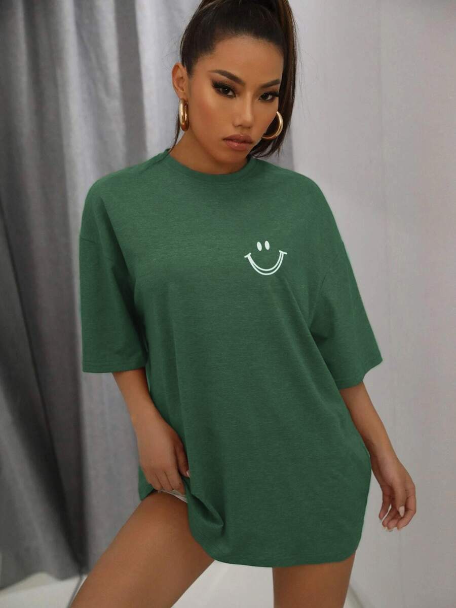 SHEIN Unity Cartoon Graphic Drop Shoulder Oversized Tee - Green - View 1