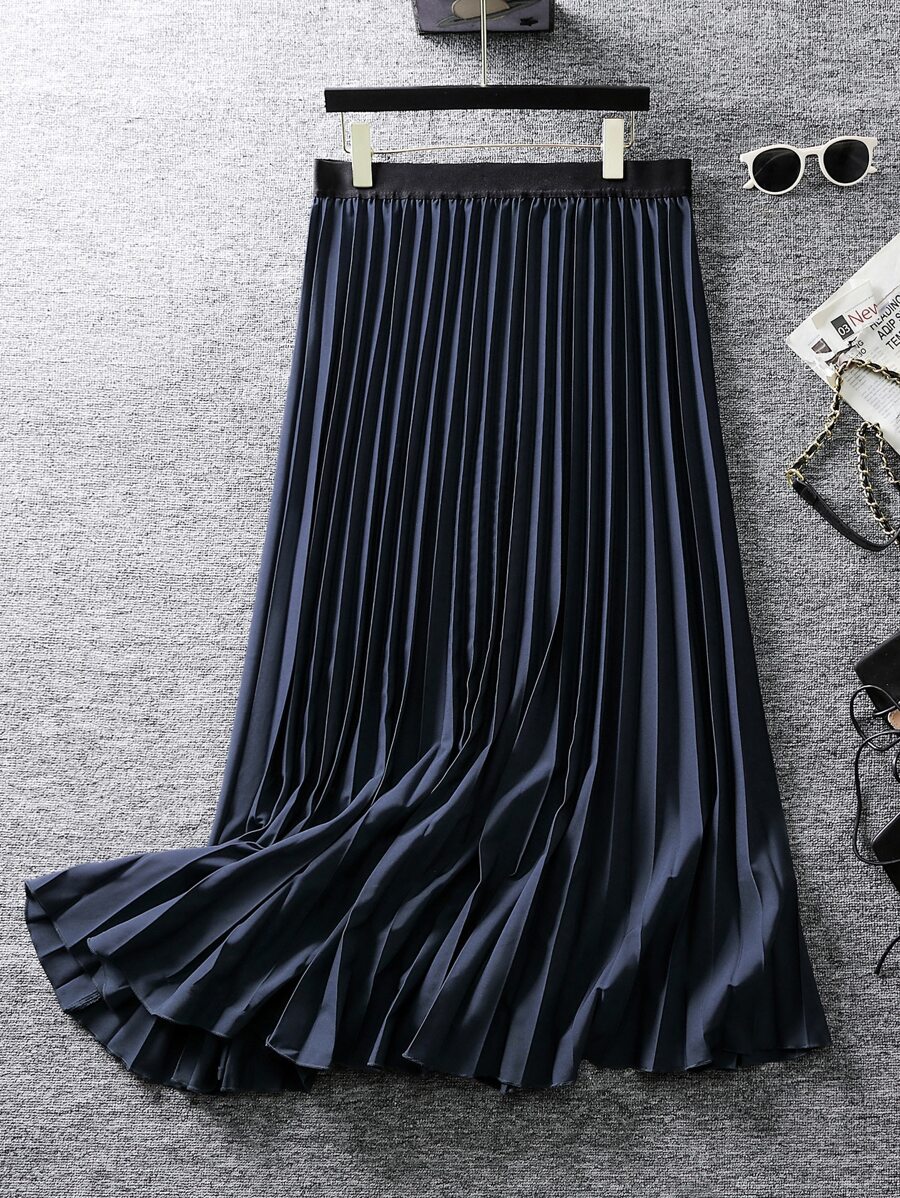 SHEIN Clasi Falda fruncido unicolor - Azul Marino - Ver 1