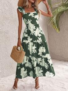 SHEIN VCAY Vestido con estampado floral ribete con fruncido bajo con fruncido - Verde - Ver 3