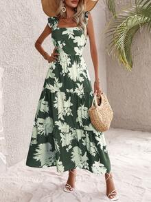 SHEIN VCAY Vestido con estampado floral ribete con fruncido bajo con fruncido - Verde - Ver 4