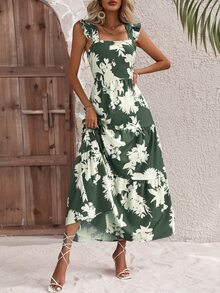 SHEIN VCAY Vestido con estampado floral ribete con fruncido bajo con fruncido - Verde - Ver 6