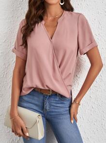SHEIN Clasi Áo sơ mi nữ Trọn gói màu trơn Giải trí - Bụi hồng - Xem 1
