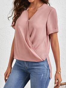 SHEIN Clasi Áo sơ mi nữ Trọn gói màu trơn Giải trí - Bụi hồng - Xem 3