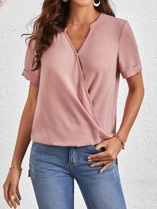SHEIN Clasi Áo sơ mi nữ Trọn gói màu trơn Giải trí - Bụi hồng - Xem 4
