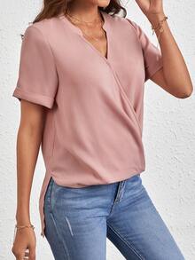 SHEIN Clasi Áo sơ mi nữ Trọn gói màu trơn Giải trí - Bụi hồng - Xem 5