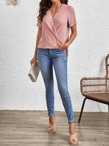 SHEIN Clasi Áo sơ mi nữ Trọn gói màu trơn Giải trí - Bụi hồng - Xem 6