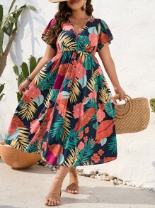 Breezaya Robe longue à manches papillon avec imprimé tropical pour femmes