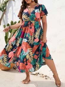 Breezaya Robe longue à manches papillon avec imprimé tropical pour femmes