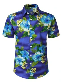 NITAGUT Men Tropical Print Button Up Shirt - Blue - View 1