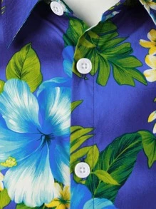 NITAGUT Men Tropical Print Button Up Shirt - Blue - View 4