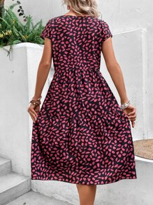 Breezaya Allover Print Batwing Sleeve Ruffle Hem Smock Dress Vacation Beach Outfits Women - Multicolor - View 2