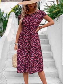 Breezaya Allover Print Batwing Sleeve Ruffle Hem Smock Dress Vacation Beach Outfits Women - Multicolor - View 5