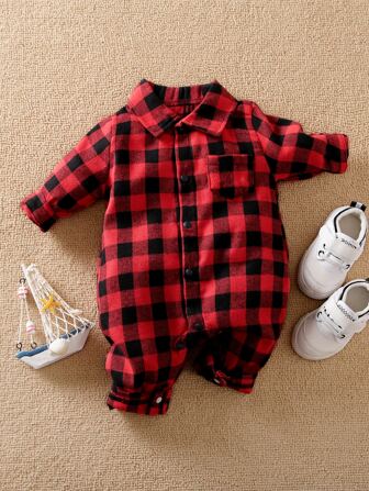 Yierying 男嬰格子圖案口袋貼布襯衫連體褲