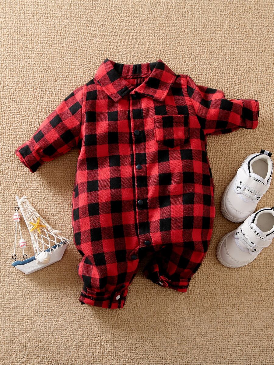 Yierying 男嬰格子圖案口袋貼布襯衫連體褲