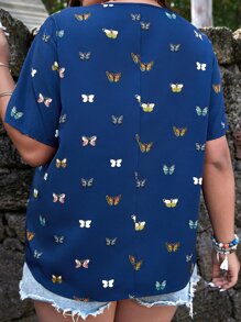 SHEIN LUNE Plus Butterfly Print Notched Neckline Blouse - Blue - View 2