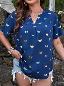 SHEIN LUNE Plus Butterfly Print Notched Neckline Blouse - Blue - View 3