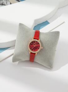 Đồng hồ thạch anh con trỏ tròn trang trí bằng đá rhinestone - Đỏ - Xem 1