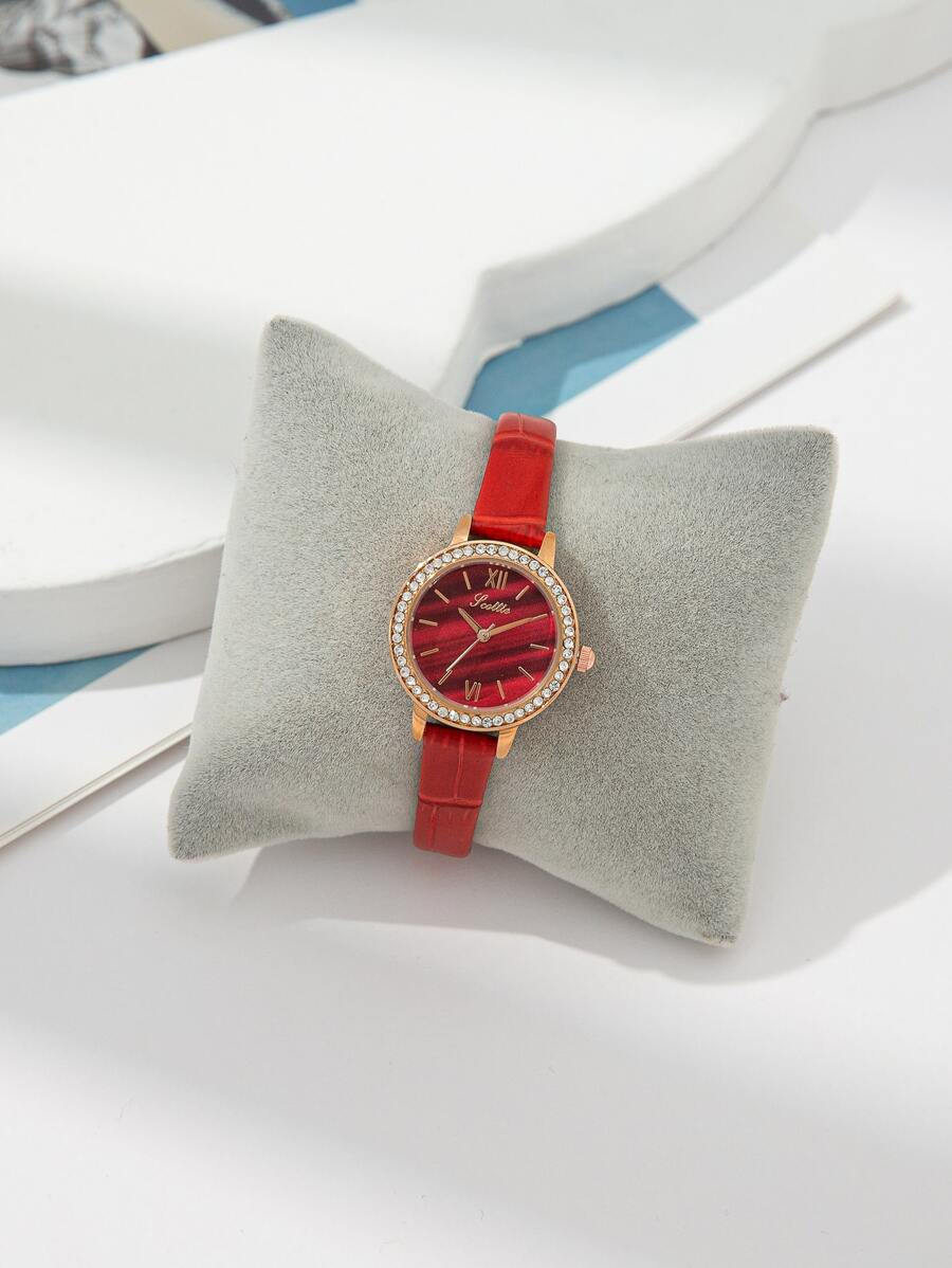Đồng hồ thạch anh con trỏ tròn trang trí bằng đá rhinestone - Đỏ - Xem 1