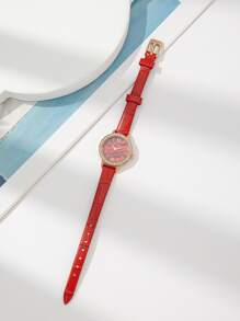 Đồng hồ thạch anh con trỏ tròn trang trí bằng đá rhinestone - Đỏ - Xem 2