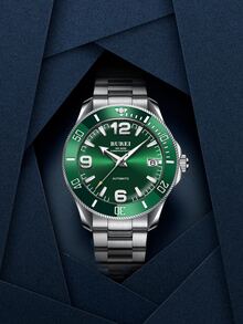 BUREI Hombres Reloj mecánico de puntero redondo fecha - Verde - Ver 1