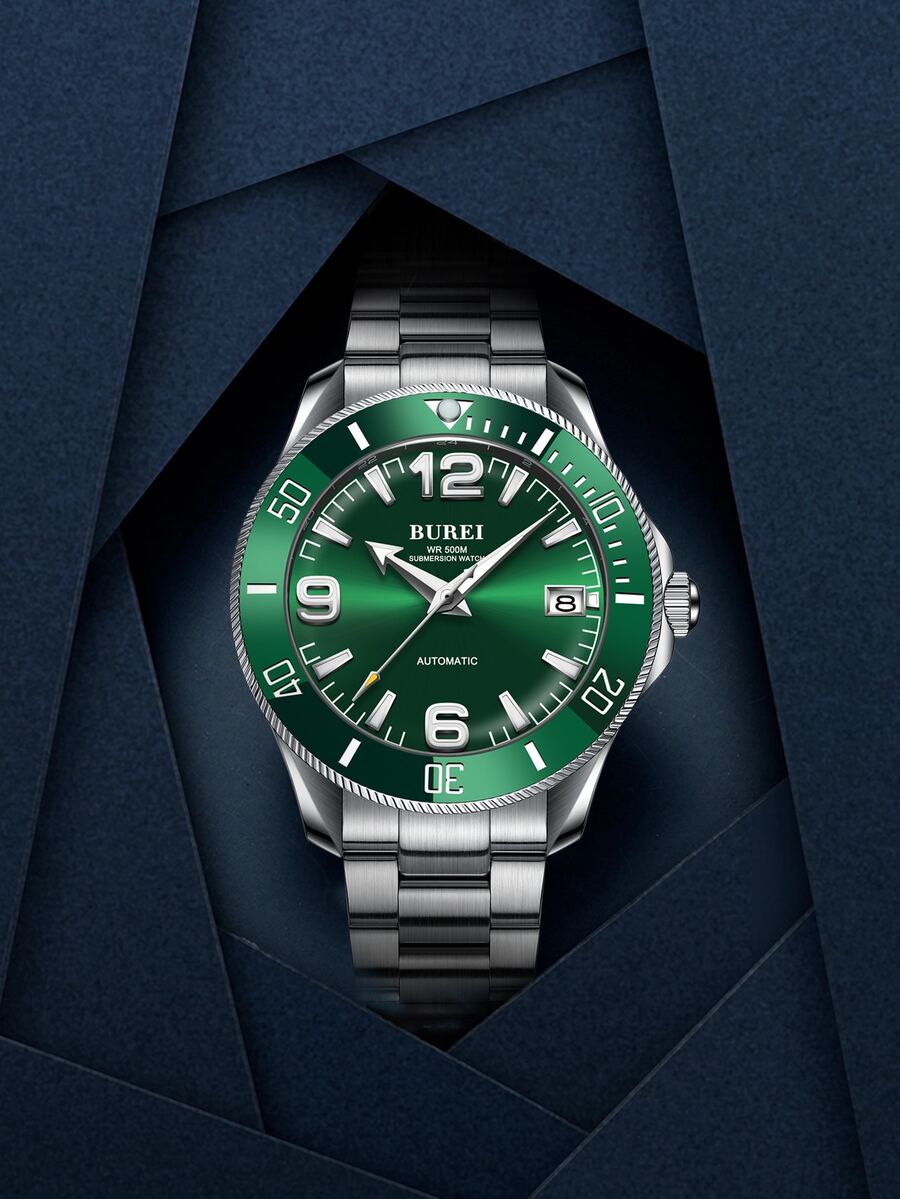 BUREI Hombres Reloj mecánico de puntero redondo fecha - Verde - Ver 1