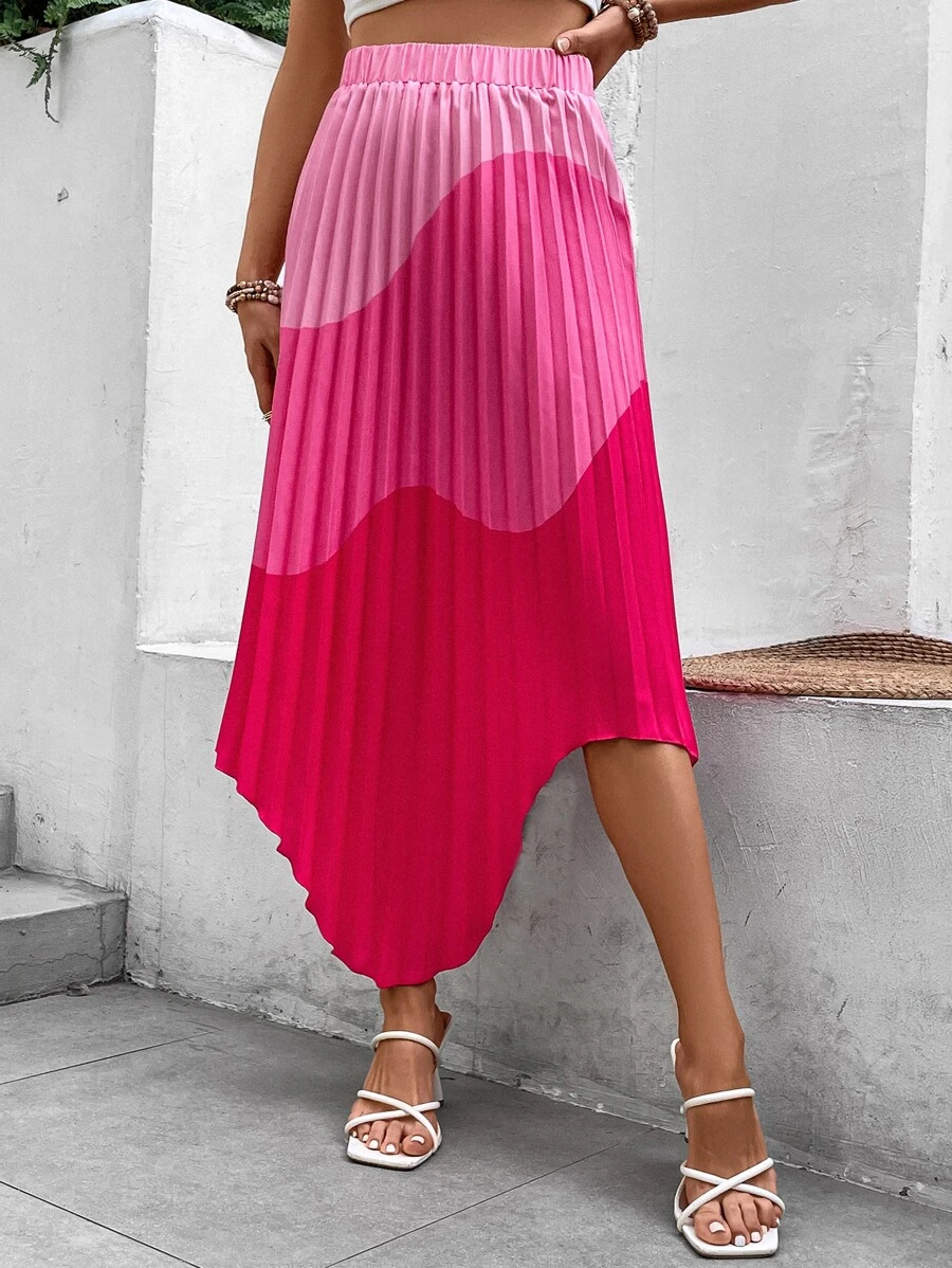 SHEIN VCAY 撞色不對稱下擺百褶半身裙 - 玫紅色 - 查看 1