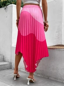 SHEIN VCAY 撞色不對稱下擺百褶半身裙 - 玫紅色 - 查看 2