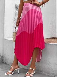 SHEIN VCAY 撞色不對稱下擺百褶半身裙 - 玫紅色 - 查看 4