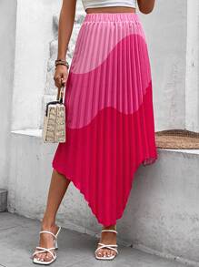 SHEIN VCAY 撞色不對稱下擺百褶半身裙 - 玫紅色 - 查看 5