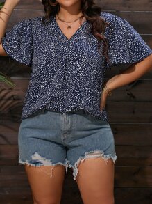 SHEIN LUNE Plus Allover Print Butterfly Sleeve Blouse - Blue and White - View 1