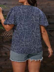 SHEIN LUNE Plus Allover Print Butterfly Sleeve Blouse - Blue and White - View 2