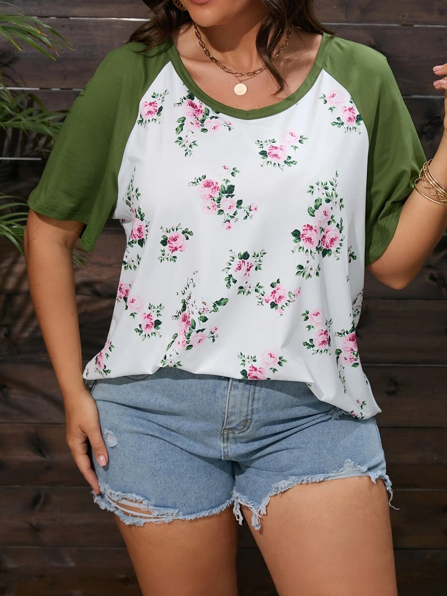 SHEIN LUNE Camiseta con estampado floral de manga raglán