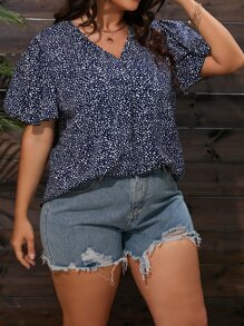 SHEIN LUNE Plus Allover Print Butterfly Sleeve Blouse - Blue and White - View 5