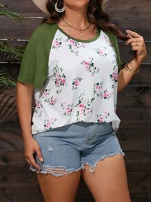 SHEIN LUNE Camiseta con estampado floral de manga raglán