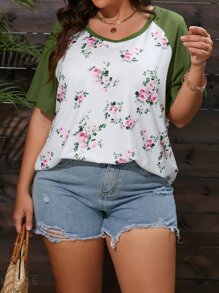 SHEIN LUNE Camiseta con estampado floral de manga raglán