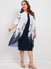 SHEIN LUNE Plus Floral Print Colourblock Dress