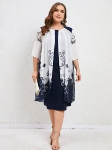 SHEIN LUNE Plus Floral Print Colourblock Dress