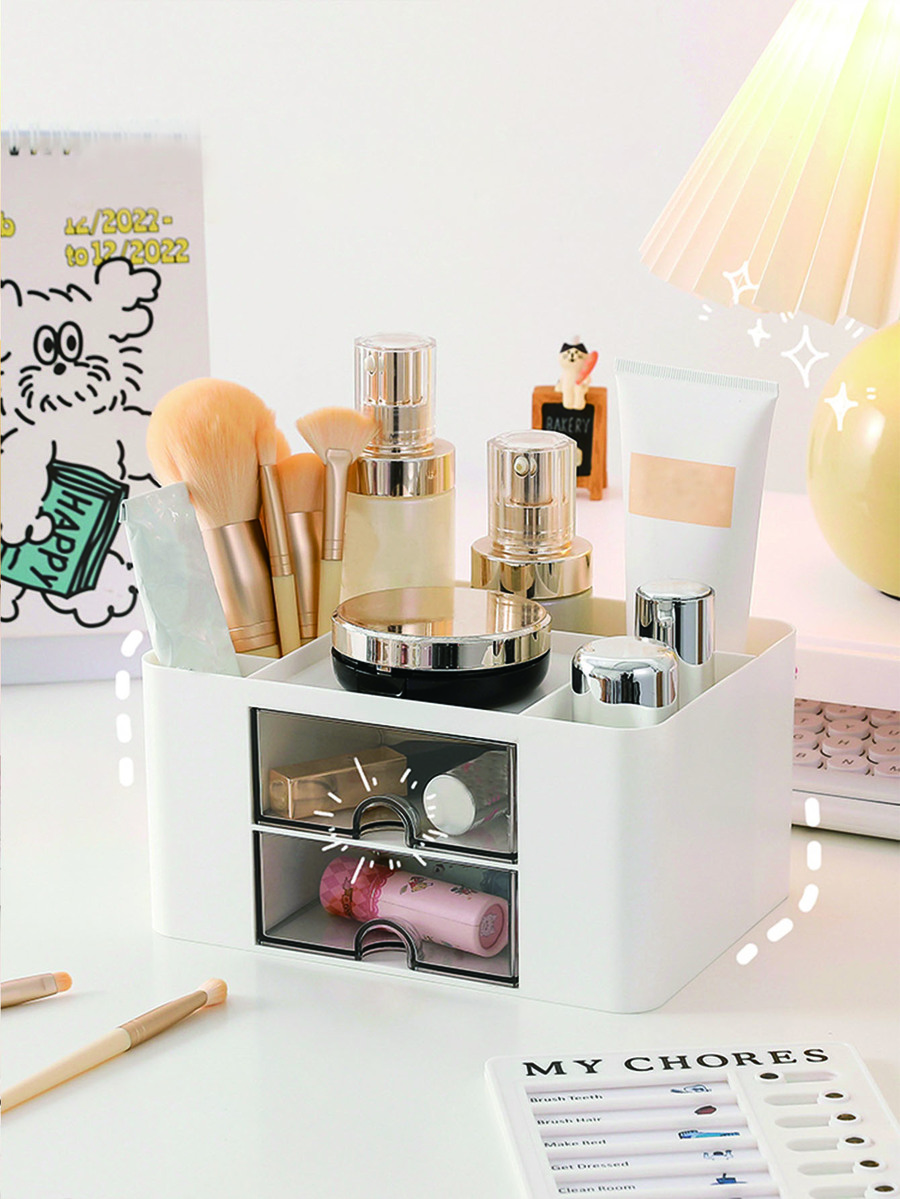 化妆品收纳盒，1个装多功能化妆品收纳盒，带抽屉，台面化妆品收纳盒，梳妆台口红、化妆刷、眼影、指甲油和首饰收纳架，桌面收纳盒，适用于梳妆台、浴室、梳妆台、房间、家居、卧室、浴室、房屋、粉色房间、客厅装饰、旅行用品、礼品袋、送给妈妈、爸爸、男士、朋友、老师的礼物、生日礼物、婚礼礼物、办公桌、架子、配件、礼品盒、趣味礼物、收纳、化妆刷架、首饰盒、收纳袋、化妆刷架、刷架、香水收纳盒、收纳袋、送给女性的礼物、圣诞礼物、女性礼物创意 - 白色 - 查看 1