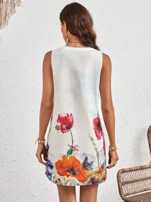 SHEIN VCAY 印花缺口領無袖連衣裙 - 白色 - 查看 2