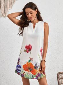 SHEIN VCAY 印花缺口領無袖連衣裙 - 白色 - 查看 4