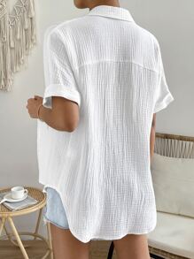 SHEIN Frenchy Áo sơ mi nữ Nút phía trước màu trơn Giải trí - trắng - Xem 2