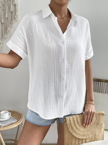 SHEIN Frenchy Áo sơ mi nữ Nút phía trước màu trơn Giải trí - trắng - Xem 4