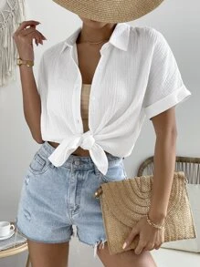 SHEIN Frenchy Áo sơ mi nữ Nút phía trước màu trơn Giải trí - trắng - Xem 5