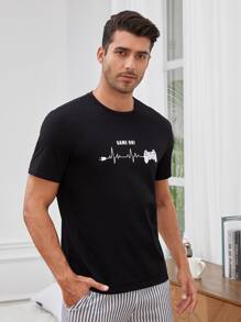 SHEIN Hombres Camiseta de dormir con estampado & con estampado de letra - Negro - Ver 5