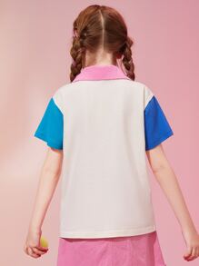 Mädchen T-Shirt mit Farbblock, Polo Kragen